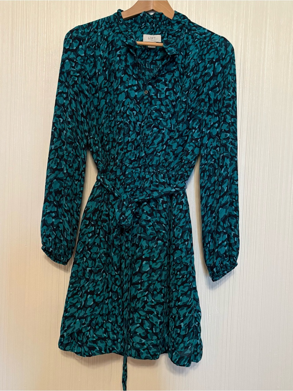 LOFT Teal Patterned Long-Sleeve Belted Dress Size 2